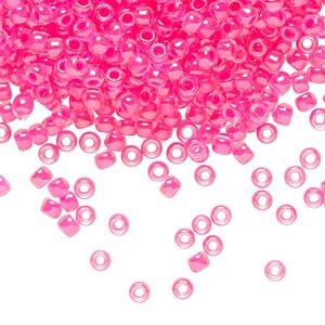 Seed bead, TOHO BEADS&reg;, glass, pkg/7.5g, #8 round, translucent luminous inside color neon pink (TR-08-978).