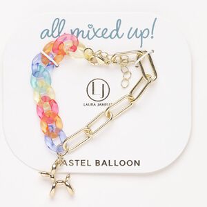Bracelet, steel and acrylic, pkg/1, 6 inches with ballon dog and lobster claw clasp, gold finish, Pastel Balloon theme.