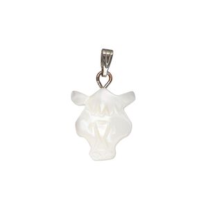 Pendant, mother-of-pearl shell (bleached) / antique silver-finished "pewter" (zinc-based alloy) / steel 1pkg1, 15x14mm-15x15mm single-sided carved cow head.