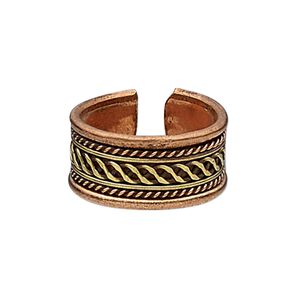 Ring, antiqued copper and brass, 11mm wide with twisted wire and wave design, size 9. Sold individually.
