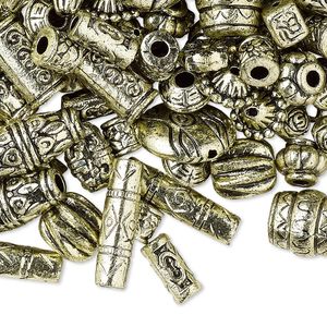 Bead mix, antiqued gold-finished plastic, 6.5x2mm-25x19.5mm mixed shape. Sold per pkg of 250 grams, approximately 1,300 beads.