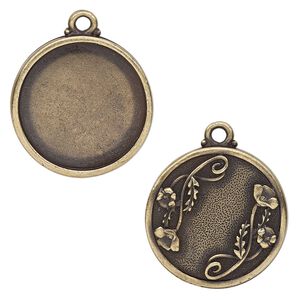 Drop 1pkg10, TierraCast&reg;, antique brass-plated pewter (tin-based alloy), 29mm round with poppy design, 25.5mm cabochon setting.