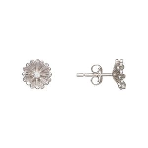 Earstud, Create Compliments&reg;, rhodium-plated sterling silver and cubic zirconia, clear, 9mm flower. Sold per pair.