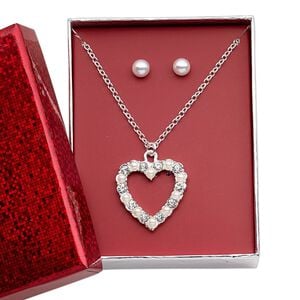 Necklace and earring set, acrylic pearl / glass rhinestone / silver-finished brass / steel / "pewter" (zinc-based alloy), clear and white, 25.5x25mm open heart, 15" to 16" necklace with 3-inch extender chain and lobster claw clasp, 6mm round with post. Sold per set.