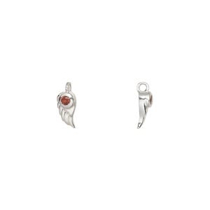 Charm 1pkg1, sterling silver and garnet, 7.5x4.5mm single-sided feather with 2mm faceted stone.