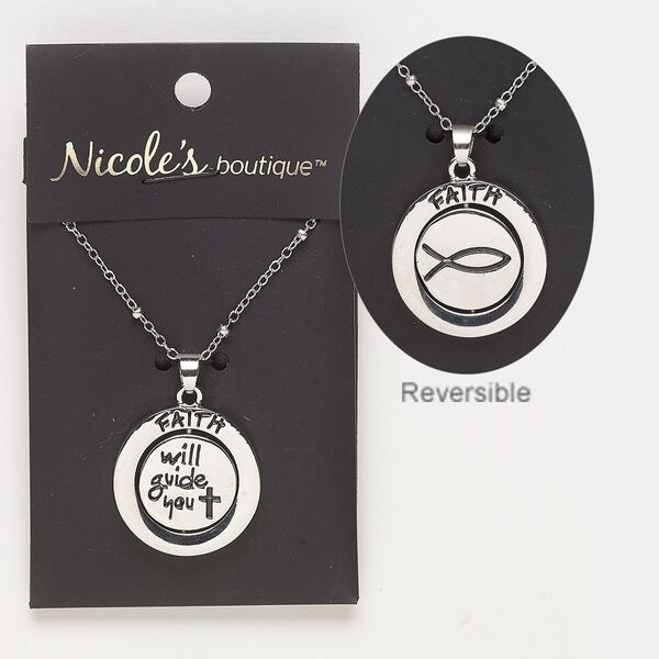 Necklace, antique silver-finished "pewter" (zinc-based alloy) and silver-finished steel, 24mm round with "FAITH" and two-sided swivel with "will guide you" and Christian fish design. 24 inches with 2-inch extender chain and lobster claw clasp. Sold individually. image number 0