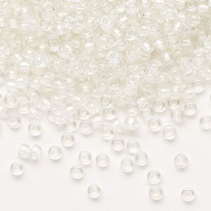 Seed bead, Miyuki, glass, pkg/50g, #8 rocaille, translucent white pearl-lined rainbow pale beige, (RR-3801).