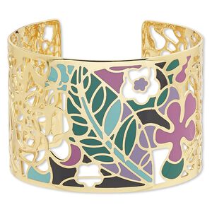 Bracelet, Avant-Garde Jewelry Collection&trade;, cuff, enamel and gold-plated brass, multicolored, 50mm wide with cutout and floral design, adjustable from 7-1/2 to 8 inches. Sold individually.
