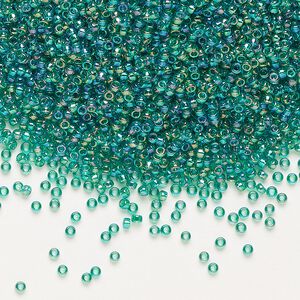 Seed bead, Miyuki, glass, pkg/250g, #15 rocaille, translucent rainbow emerald green (RR-295).