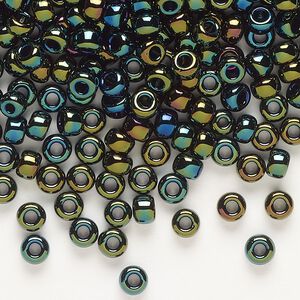 Seed bead, Miyuki, glass, pkg/250g, #6 rocaille, opaque metallic iris forest green (RR-453).