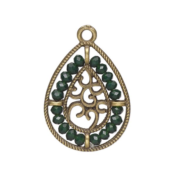 Drop, antique brass-finished "pewter" (zinc-based alloy), emerald green, 27.5 x 21.5mm teardrop with hearts and beaded border. Sold per pkg of 2. image number 0