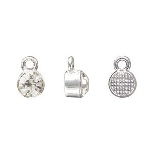 Drop, silver-finished "pewter" (zinc-based alloy) and glass rhinestone, clear, 8mm faceted round, April birthstone. Sold per pkg of 4.