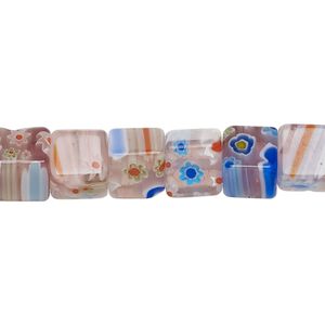 Bead, millefiori glass, light purple, 7-9mm cube with flower and stripe design. Sold per 14-inch strand.