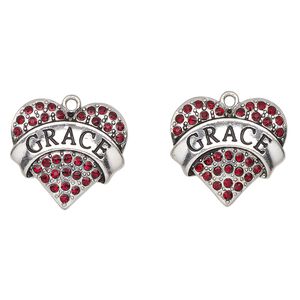 Charm, antique silver finish enamel "pewter" (zinc-based alloy) and glass, red and black, 24x23mm-25x23mm heart with "Grace". Sold per pkg of 2.