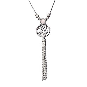 Necklace, glass rhinestone / glass / antique silver-coated plastic / antique silver-plated brass / steel / "pewter" (zinc-based alloy), pink, 4-inch dangle with round, 18 inches with 2-inch extender chain and lobster claw clasp. Sold individually.