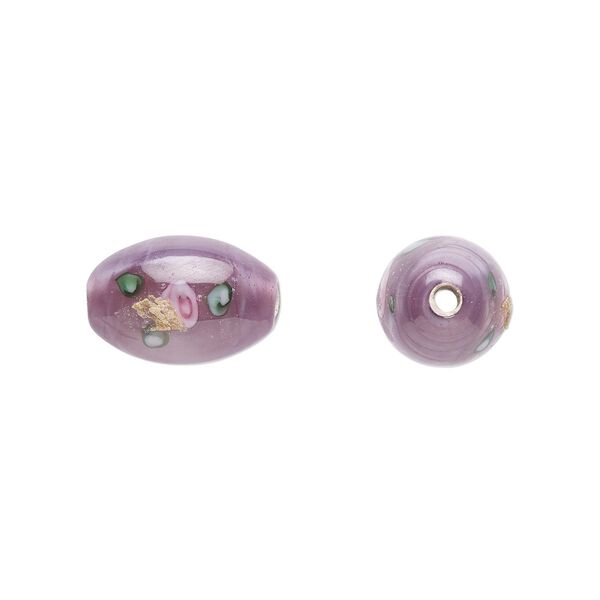 Bead, Czech lampworked glass, opaque purple / pink / green, 12x8mm-13x9mm olive with flower design. Sold per pkg of 4. image number 0