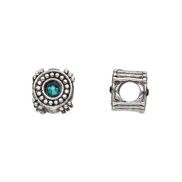 Bead 1pkg1 silver-plated pewter, 10mm round / 2sided, emerald green crystal / antique Dione&reg; image number 0