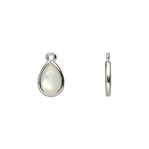 Drop, mother-of-pearl shell and imitation rhodium-finished brass (assembled) 1pkg4, 10.5x7mm-11.5x8mm double-sided teardrop.