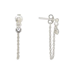 Earstud, Create Compliments&reg;, sterling silver and glass rhinestone, clear, 22mm with safety chain. Sold per pair.