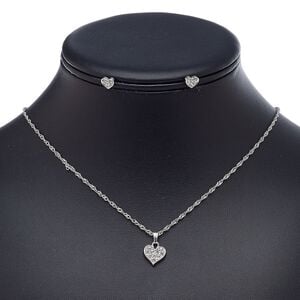 Necklace and earring set, glass rhinestone / imitation rhodium-plated steel / brass / "pewter" (zinc-based alloy), clear, 12x11mm heart, 18-inch necklace with 2-inch extender chain and lobster claw clasp, 6x6mm heart with post. Sold per set.