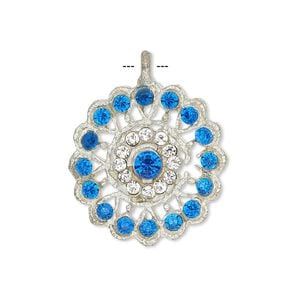 Pendant, glass rhinestone and silver-finished "pewter" (zinc-based alloy), clear and dark blue, 23mm round. Sold individually.