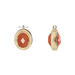 Drop, carnelian (dyed / heated) and gold-finished sterling silver, 13x11mm double-sided faceted oval. Sold individually.
