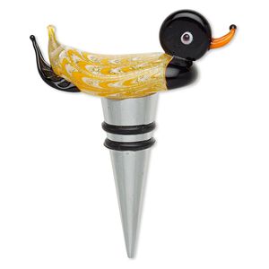 Bottle stopper, lampworked glass / rubber / silver-plated "pewter" (zinc-based alloy), multicolored with silver-colored foil, 3-2/3 x 2-3/4 inches with duck and 2 rings. Sold individually.