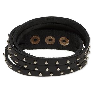 Bracelet, wrap, leather (dyed) with imitation rhodium-plated steel and "pewter" (zinc-based alloy), black, 20mm wide with round studs, adjustable at 6-1/2 and 7 inches with snap closure. Sold individually.