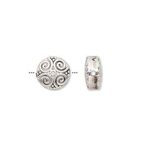 Bead 1pkg10 silver-finished "pewter", 10mm flat round / 2sided / spirals, antique
