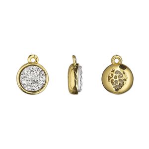 Drop, Druzylite&trade;, "druzy" (resin) and gold-finished brass, silver, 9.5mm two-sided round with open filigree back. Sold per pkg of 4.
