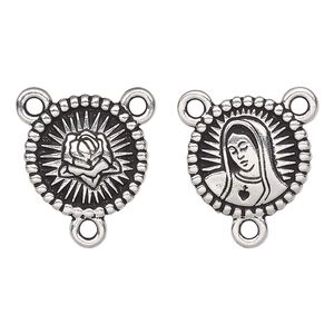 Connector, TierraCast&reg;, antique silver-plated pewter, 16.5mm 2-sided rosary round with Our Lady and rose. Sold per pkg of 20.
