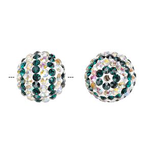 Bead, Egyptian glass rhinestone / epoxy / resin, white / dark green / clear AB, 14mm round with pav&eacute; striped design. Sold individually.