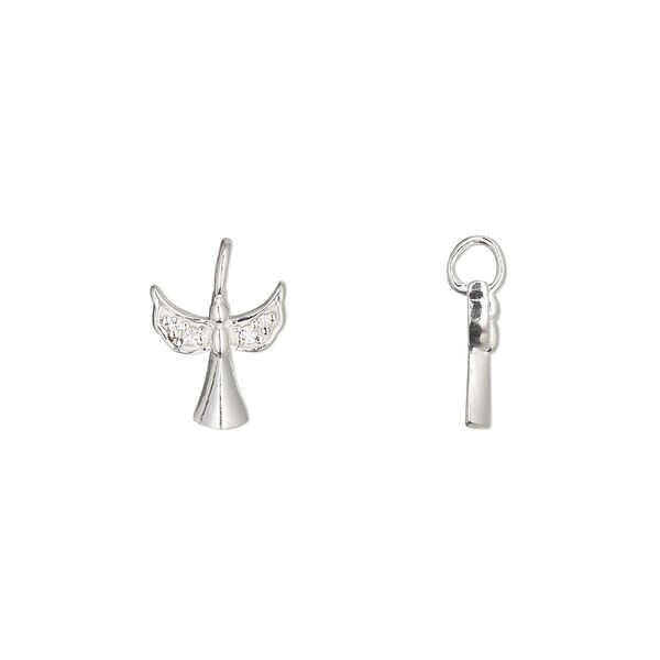 Charm 1pkg1 sterling silver / cubic zirconia 9x8.5mm angel perpendicular loop, clear image number 0