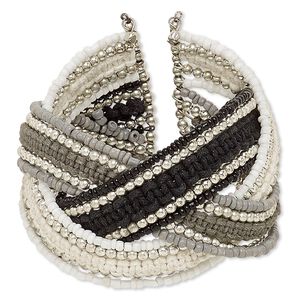 Bracelet, cuff, polyester / glass / steel / silver-coated plastic, multicolored, 42mm wide with braided design, adjustable from 6-7 inches. Sold individually.