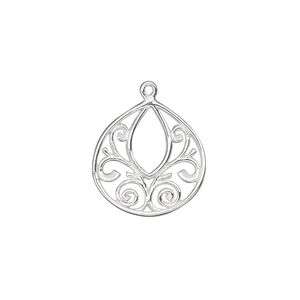 Drop, sterling silver, 17x16mm single-sided filigree teardrop. Sold individually.