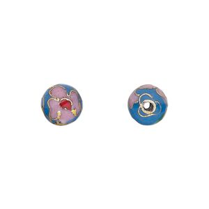 Bead 1pkg10 gold-finished, 8mm cloisonn&eacute; round / flower, copper / enamel