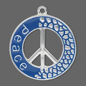 Focal, silver finish "pewter" (zinc-based alloy) and enamel, blue, 33mm round with single-sided peace symbol and "peace," 2.5mm loop. Sold per pkg of 2.