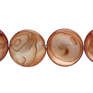 Mother-of-pearl shell 1pkg1, puffed flat round bead 15 inch copper 17-18mm