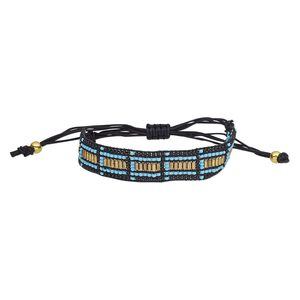 Bracelet, waxed cotton cord / glass / gold-finished steel, black and turquoise blue, 16mm wide, adjustable from 6 to 9-1/2 inches with macram&eacute; knot closure. Sold individually.