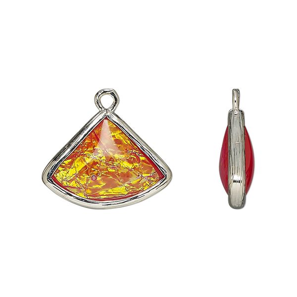 Drop, Opalized Ice&trade;, "opal" (resin) and imitation rhodium-finished brass, opaque orange, 19x15mm double-sided fan. Sold per pkg of 4. image number 0