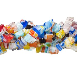 Bead, millefiori glass, translucent multicolored, small chip. Sold per pkg of (3) 32-inch strands.