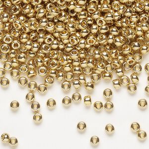 Seed bead, Miyuki, glass, pkg/250g, #8 rocaille, opaque 24Kt gold-plated light, (RR-193).
