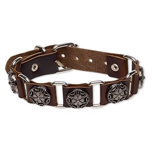Bracelet, leather (dyed) / imitation rhodium-plated steel / antique silver-plated "pewter" (zinc-based alloy), brown, 21mm wide with 15mm round with flower design, adjustable from 6-1/2 to 7-1/2 inches with buckle-style closure. Sold individually.