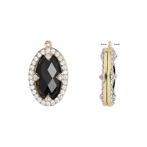 Drop, black onyx (dyed) / cubic zirconia / gold-finished sterling silver, clear, 18x12 double-sided faceted oval. Sold individually.