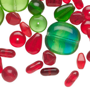 Bead mix 1pkg1, Preciosa Czech pressed glass, transparent green and red, 4mm-17x16mm mixed shapes, 50 grams.