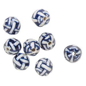 Bead, porcelain, blue and white, 10mm textured round with woven design. Sold per pkg of 8.