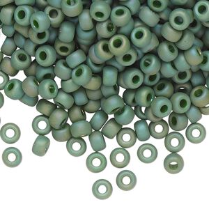 Seed bead, Miyuki, glass, pkg/25g, #6 rocaille, opaque matte rainbow basil green, (RR-4700).