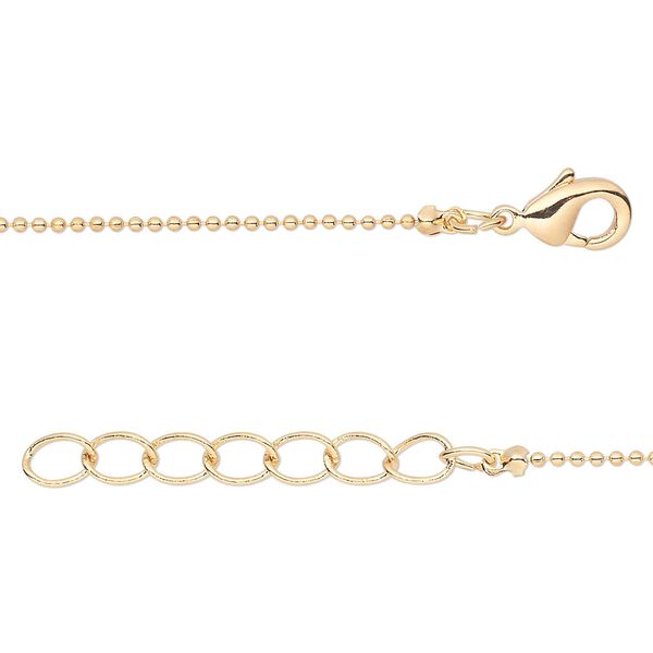 Chain, gold-finished brass, 1mm ball, 18 inches with 1-inch extender chain and lobster claw clasp. Sold per pkg of 4. image number 0