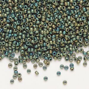 Seed bead, Miyuki, glass, pkg/250g, #11 rocaille, opaque matte metallic iris green patina (RR-2067).