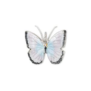 Charm, cloisonn&eacute;, silver-plated copper and enamel, silver / black / light blue, 20x18mm butterfly. Sold individually.